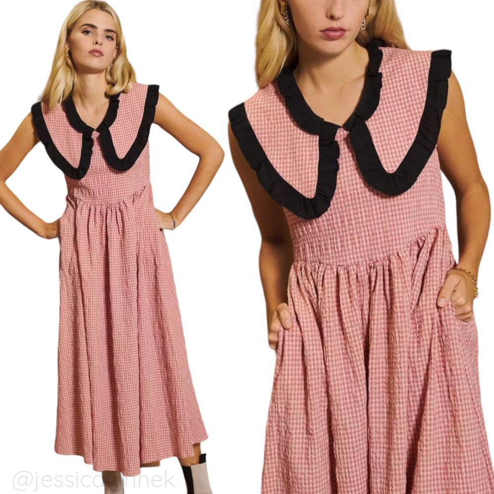 Ghospell Gingham Sleeveless Peter Pan Collar Midi Maxi Dress Pink Black - S